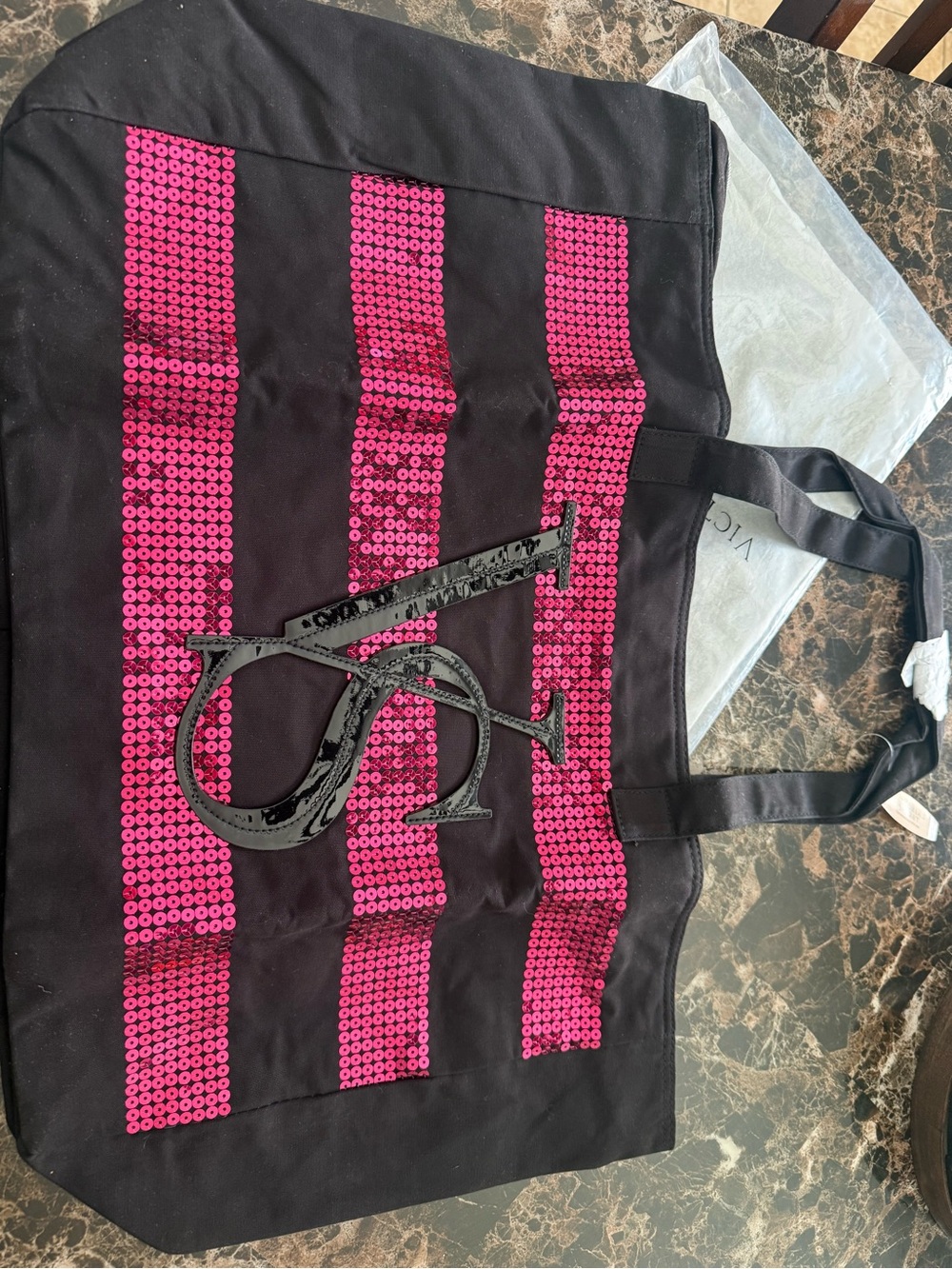 Victoria's Secret Black Tote with Hot Pink Sequin Stripes and Gloss Logo